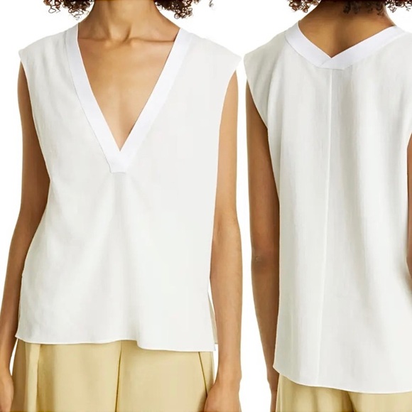 Vince Tops - Vince Rib Knit Trim Sleeveless V Neck Gauzy Cotton Top in Optic White MED